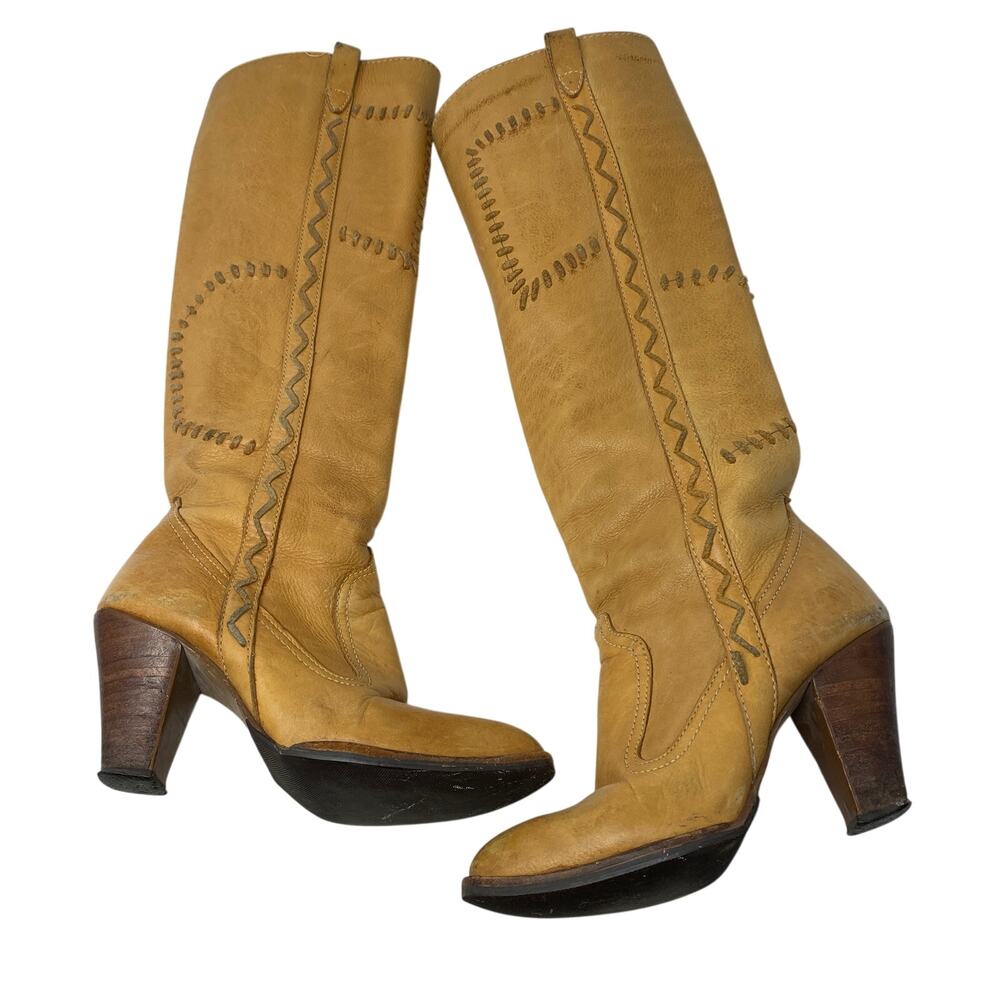 Vintage 70s The Wild Pair Leather Boots Womens 6.5 B Tan Western Boho Tall - Picture 1 of 10